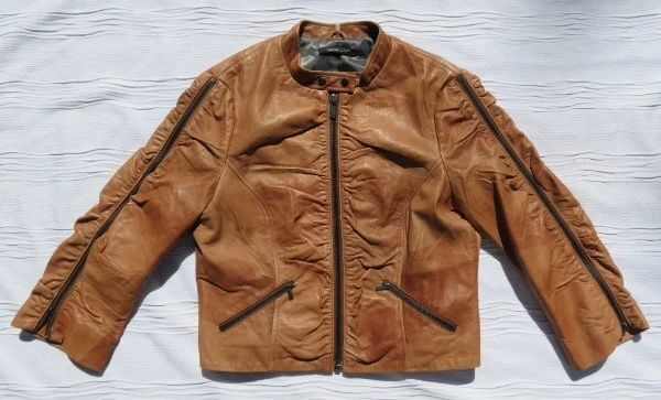 Chaqueta Top WILLIAM RAST Para Mujer L Marrón Coñac Cuero Manteroso Cremalleras Mangas 3/4 Foto 3 de 4