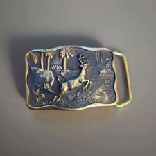 Vintage 1978 BTS Solid Brass Belt Buckle Deer Buck Running Wilderness Made USA
