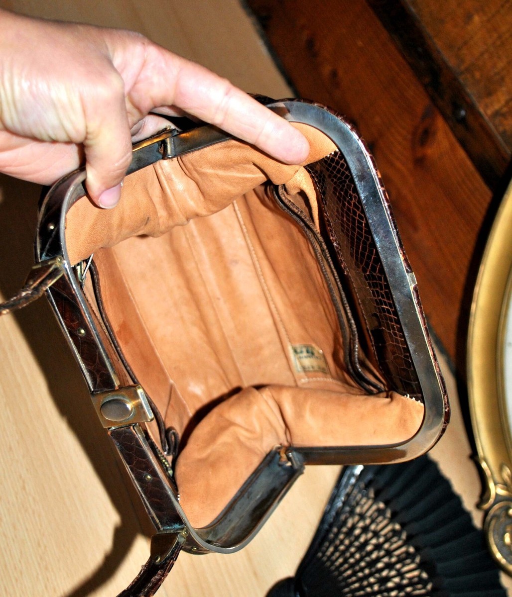 Sac à Main Vintage En Crocodile Véritable D'Argentine – Années 1970, Marron, Doublure Cuir, Occasion