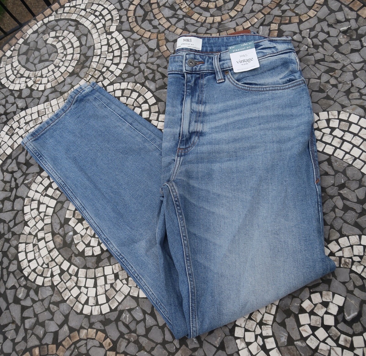 M&S Blue Mens Jeans New Straight 34 33 Marks And Spencer's Vintage