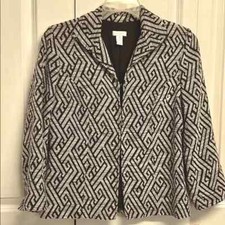 Chico s Brown White Geometric Print Cotton Blend Lined Tweed Blazer Size 1 / M