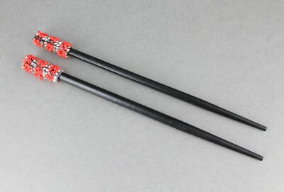 Red hair sticks crystal seed bead set 2 chop accessory picks pins 7 1/8'' long