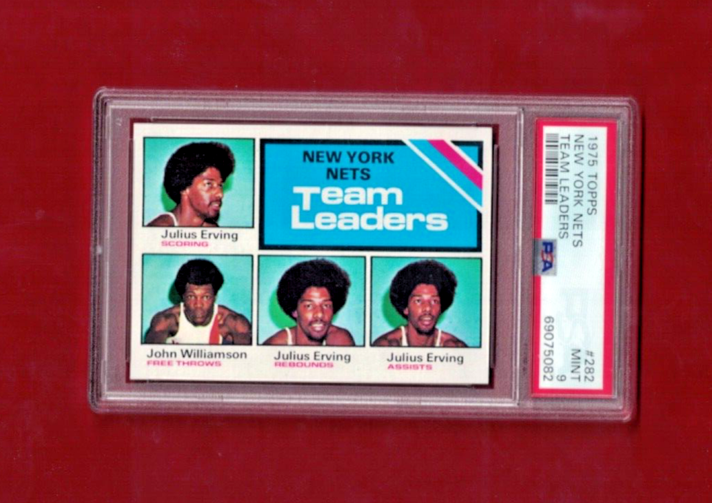 1975 Topps NEW YORK NETS TEAM LEADERS JULIUS ERVING DR J PSA 9 1975-topps-new-york-nets-team-leaders-julius-erving-dr-j-psa-9