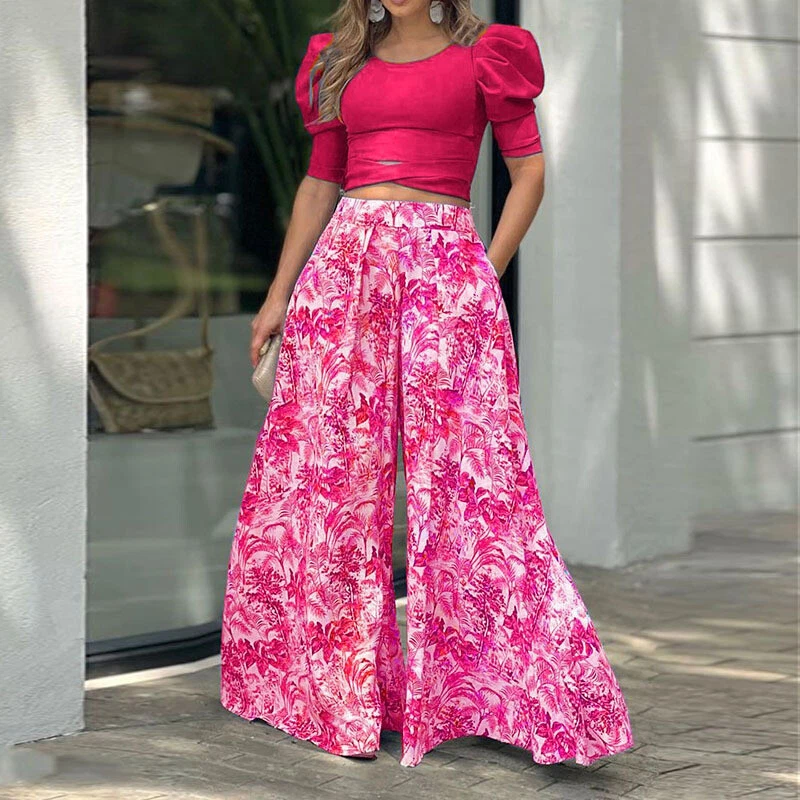 Womens Casual Puff Sleeves Cropped Tops Floral Loose Wide Legs Pants 2Pcs Suits