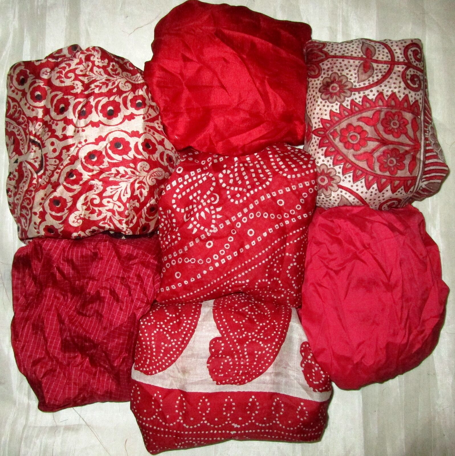 Lot Soie Pure Vintage Sari Vestige Tissu 7 Pièces 0.3m Rouge Robe Abddi