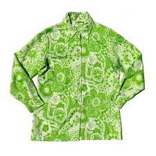 Vintage 1970s Green Mod Flower Power Long Sleeve Button Down Shirt