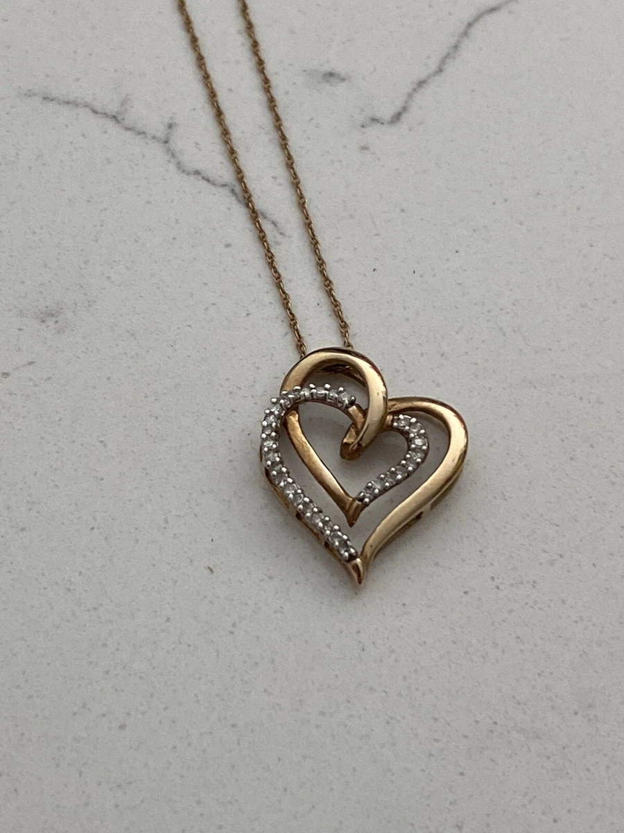 Puffed Open Heart Double Chain Necklace 10K Yellow Gold 18