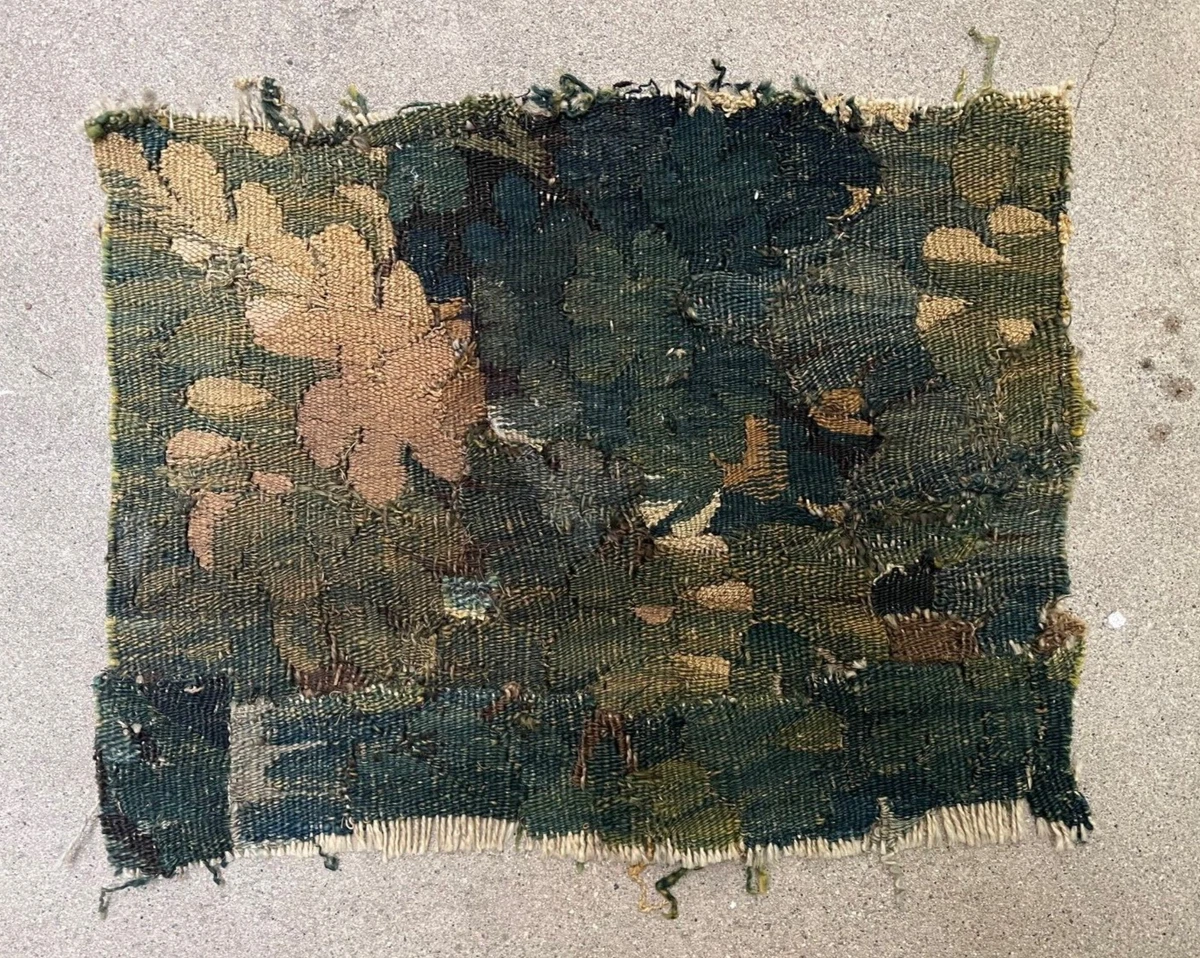 Vintage Tapestry Fragment Figures in Park-Like Scene With Trolley
