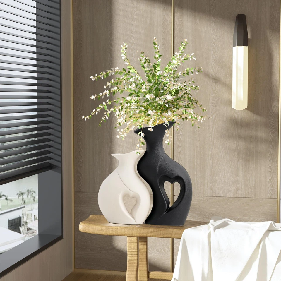 Jarrón Blanco y Negro Forma de Corazón Cerámica Jarrón Juego de 2, Moderno Boho Hueco Flo... Foto 3 de 4