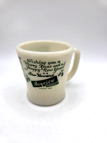 Vtg. 1953 Fire King Milk Glass Coffee Cup, Bayview Pharmacy, Christmas