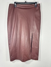Express Super High Waisted Faux Leather Side Slit Midi Pencil Skirt Brown L BL