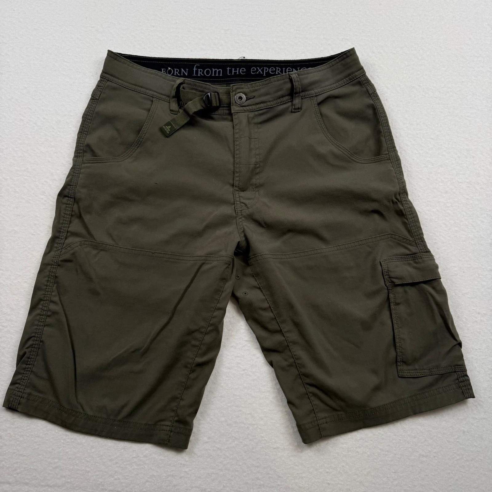 Prana Zion Cargo Shorts Stretch Belted 11" Inseam Utility Hiking Olive Green 32