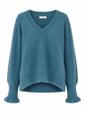 Gallery Teal Flauschiger Pullover UK M V-Ausschnitt Weich Strick Fuzzy Eyelash Sweater