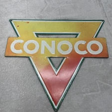 VINTAGE CONOCO Sign 12" Gasoline METAL Service Station Oil Red Yellow Faded