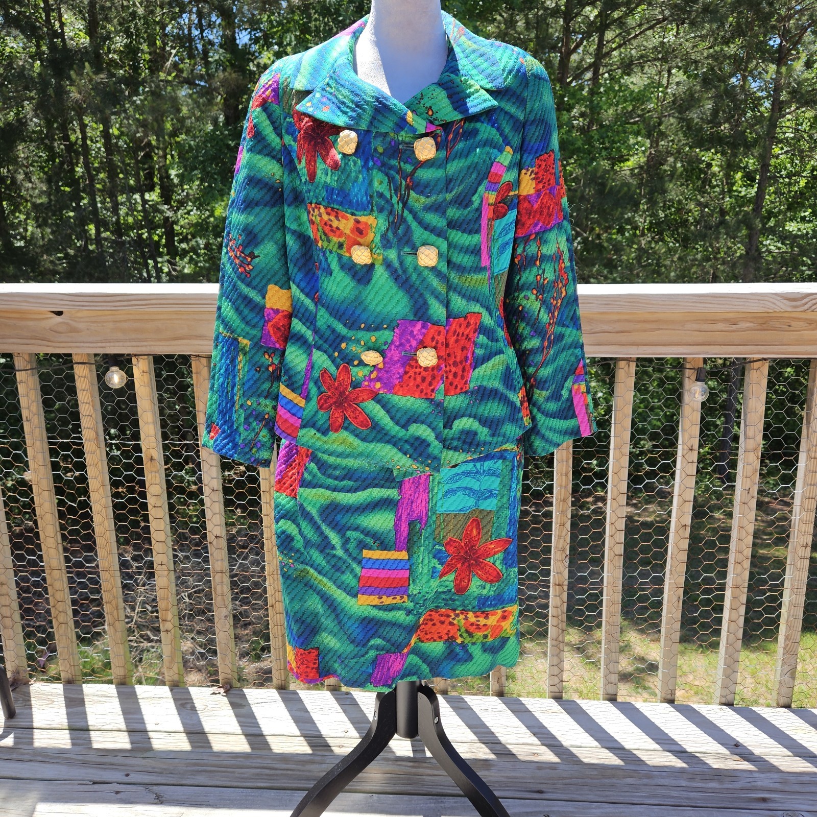 VTG Louis Feraud Paris Silk Wool Suit Set Artsy Abstract Floral Maximalist SZ 12