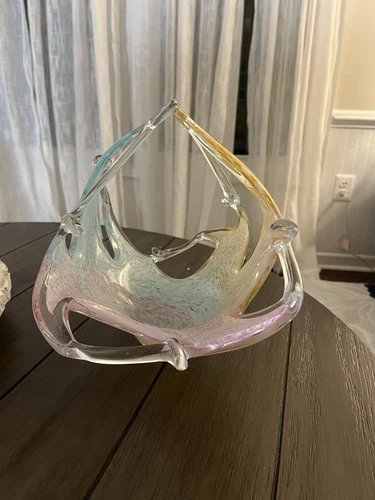 Murano Art Blown Glass Large Centerpiece Bowl Multi-color Stretch Design