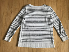 T by Talbots Sweater White Black Gray Striped Knit Pullover Long Sleeve Mp