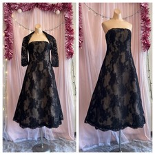 Vintage 80s Does 50s Rose Taft Couture Evening Cocktail Tea Dress Black XS