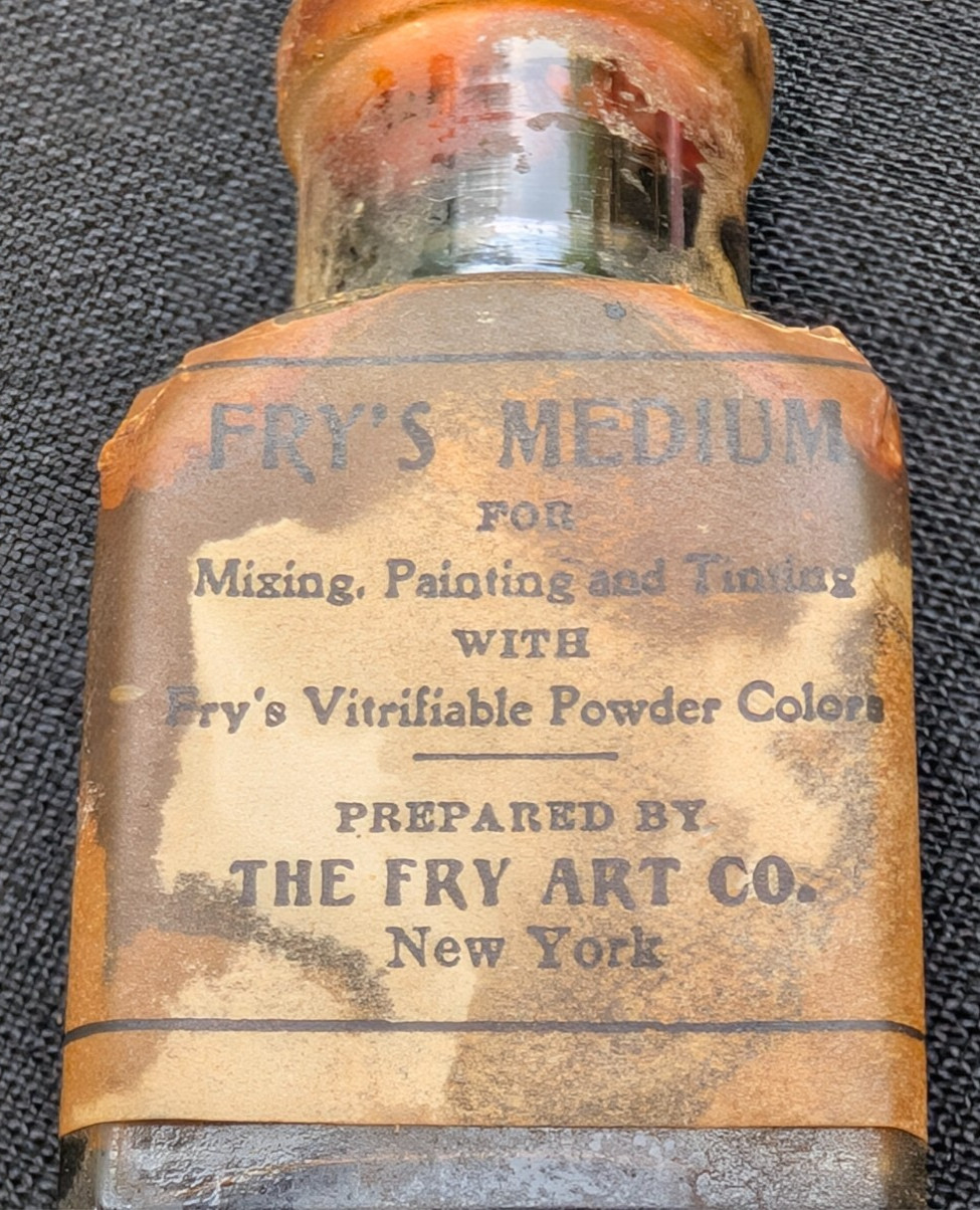 ANTIQUE VTG FRY'S ART CO. MEDIUM FOR MIXING EMBOSSED GLASS BOTTLE CORK 3/4 FULL