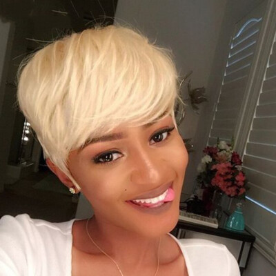 613 Light Blonde Short Cut Wigs Pixie Cut Wig 100% Human Hair Wigs With Bangs US