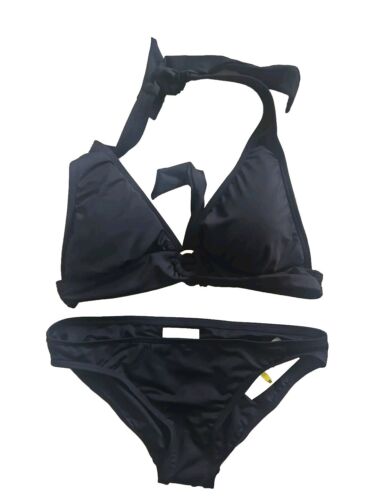 Michael Kors Women 2PC Swim Set Logo-Ring Halter Bikini & Bikini Black SZ XL New