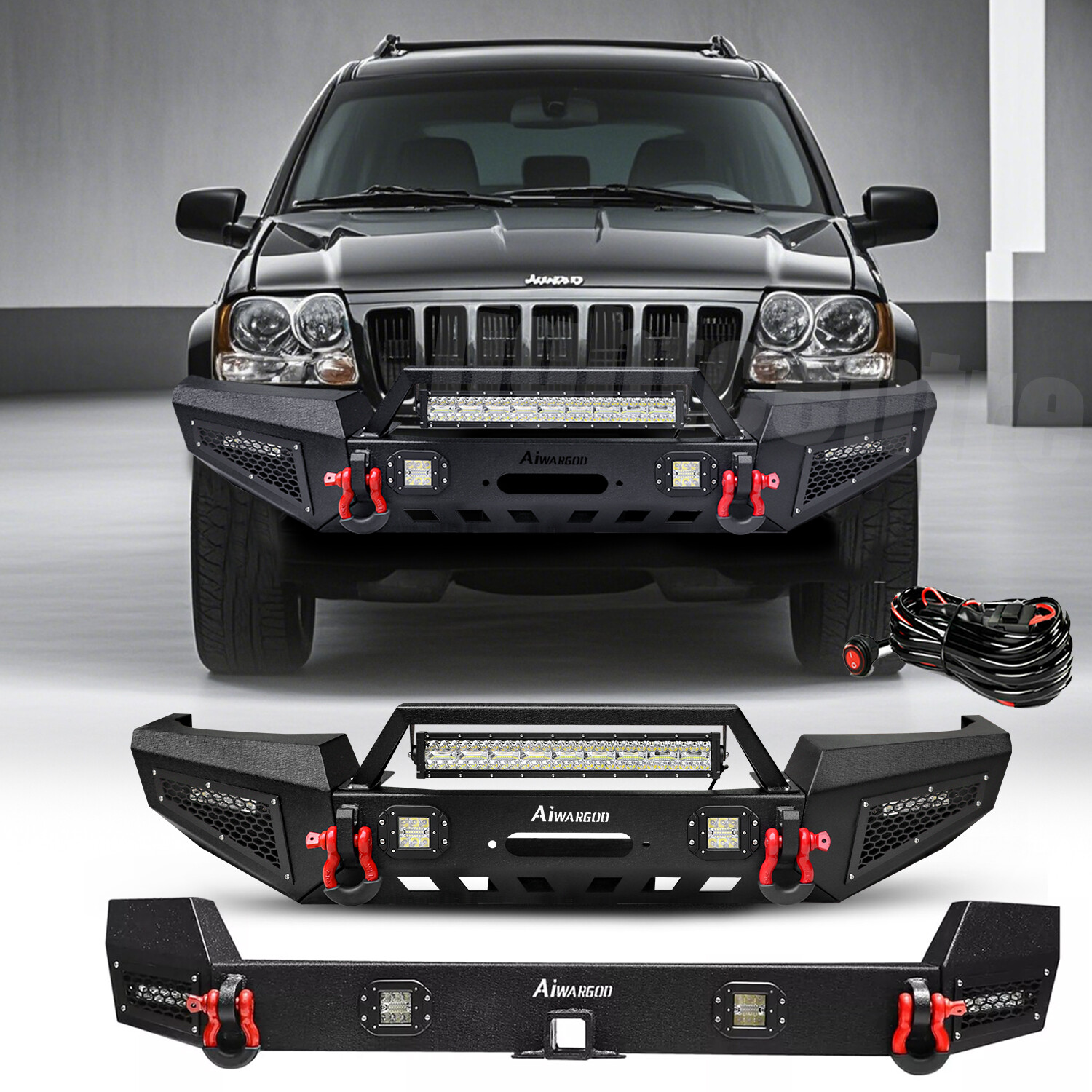 Front / Rear Bumper w/LED Lights & D-rings For Jeep Grand Cherokee WJ 1999-2004