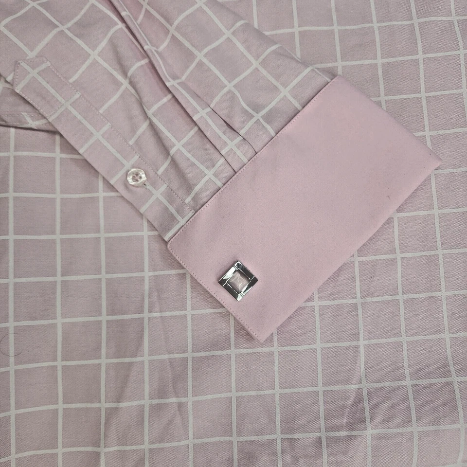 Camisa social Fratello manga solitária punhos franceses xadrez rosa masculina tamanho 20,5 - Imagem 3 de 4