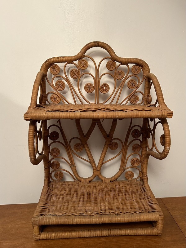 Vintage Mid Century Boho Chic Peacock Wicker Rattan Wall Shelf
