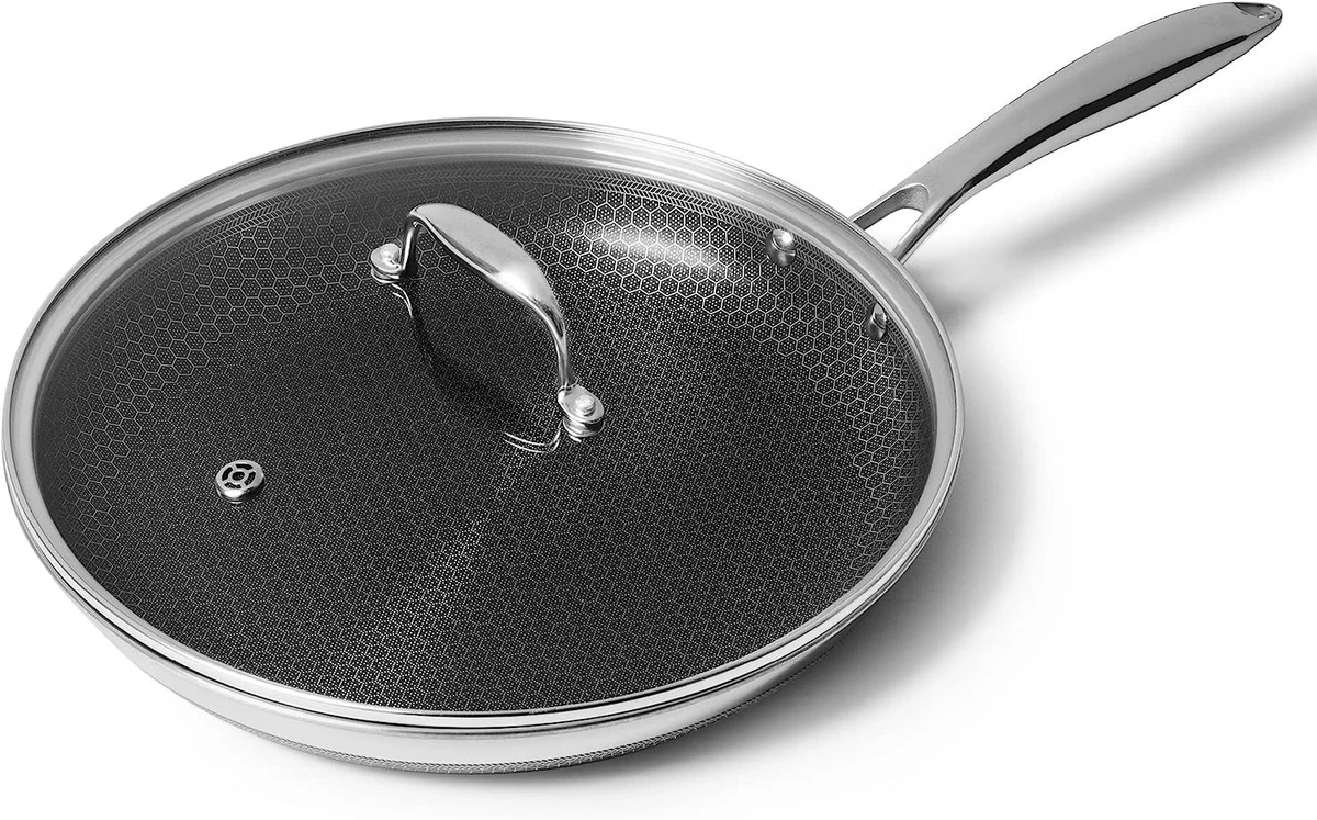 HexClad 12 Inch Hybrid Stainless Steel Frying Pan and Glass