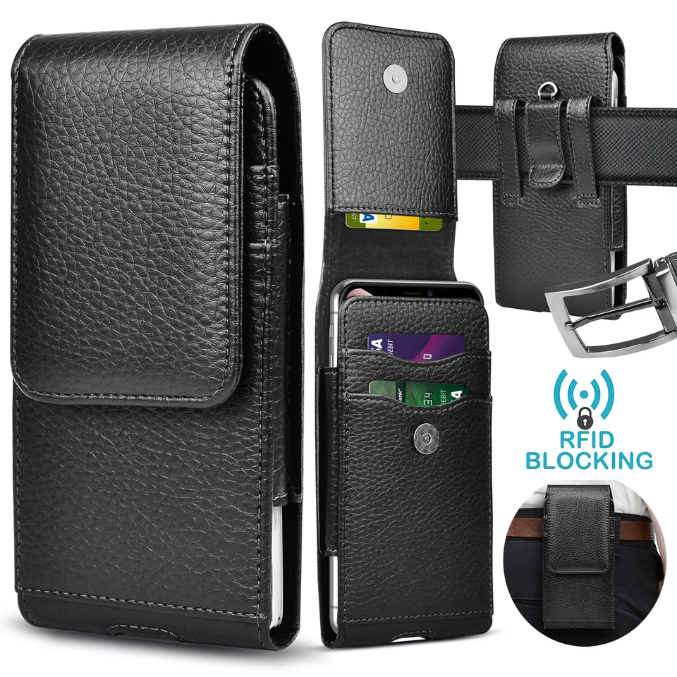 Vertical Cell Phone Holster Pouch Leather Wallet Case Universal w/Belt Clip Loop - Image 2 of 4