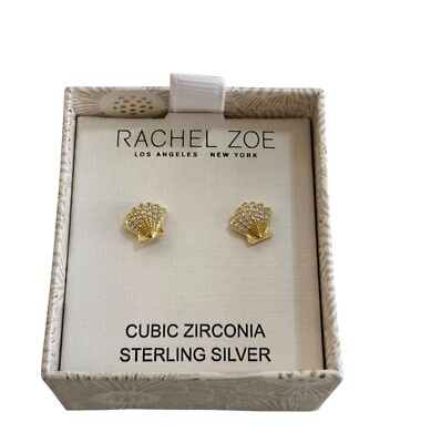 NIB Rachel Zoe Gold over 925 Sterling Silver CZ Seashell Stud Earrings 