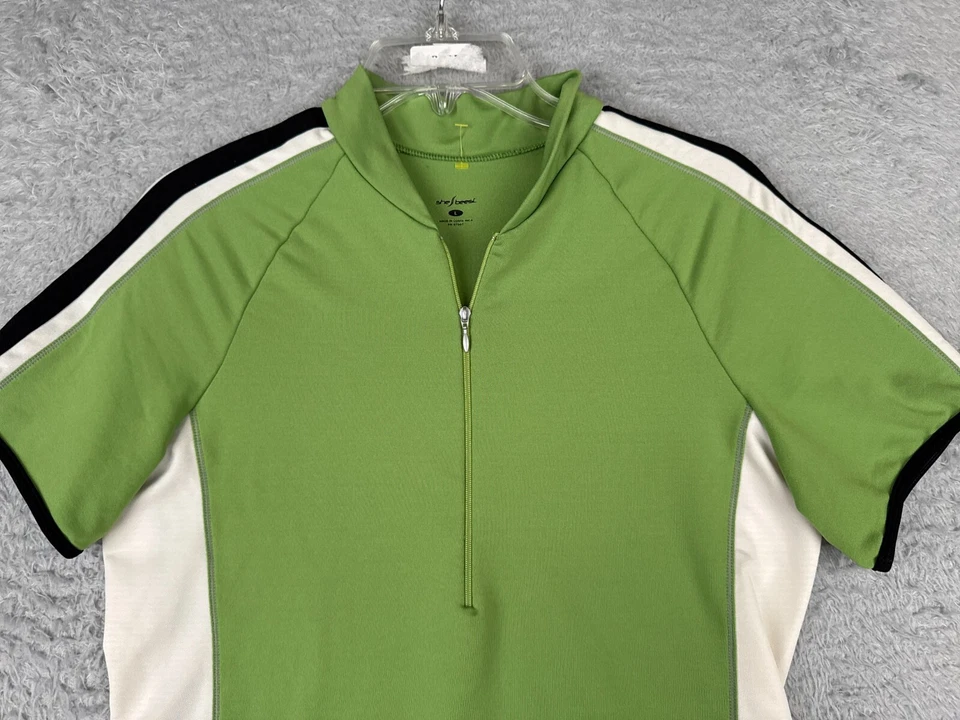 Jersey de ciclismo Shebeest para mujer grande verde blanco 1/2 cremallera manga corta poliéster Foto 4 de 4