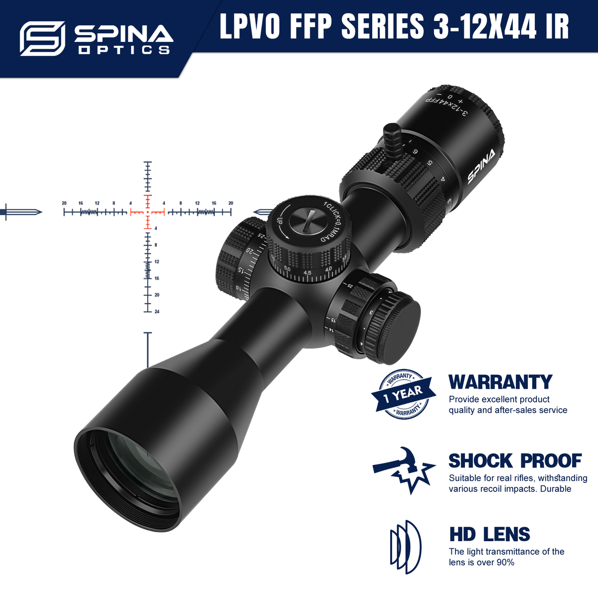 SPINA OPTICS HD 3-12x44 FFP Compact LPVO Scope Sight Lock Reset