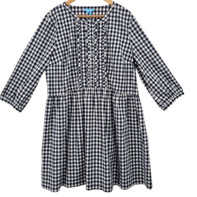 Draper James Womens XL Wanda 3/4 Sleeve Ruffle Front Dress in Navy Gingham