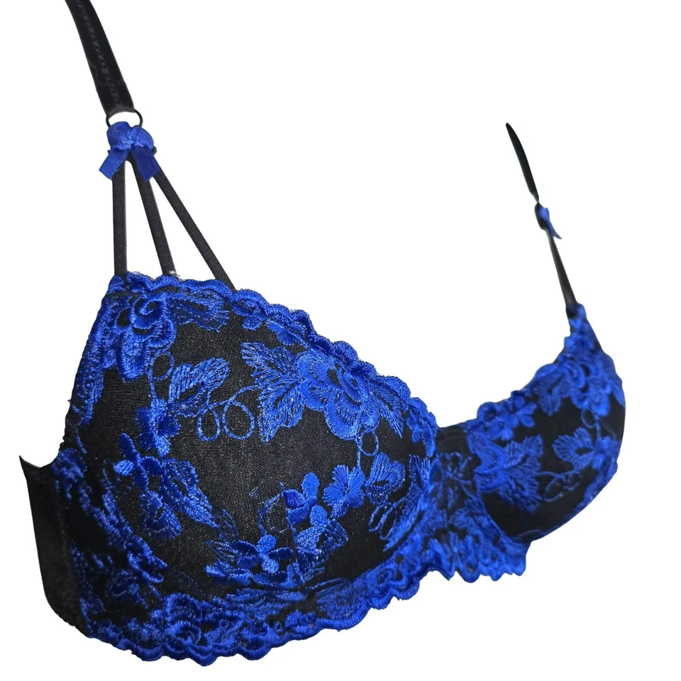 Fredericks Of Hollywood Black & Royal Blue Lace Underwire Push-Up Bra JJ3877 - Image 3 of 4