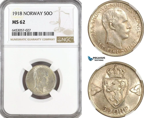 AH99, Norway, Haakon VII, 50 Ore 1918, Kongsberg Mint, Silver, NGC MS62