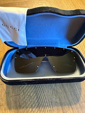 Gucci Rimless Shield Sunglasses Gold Metal Frame Black Tinted Lenses Logo
