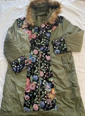 Women s Floral Boho Faux Fur Hooded Embroidered Coat Tapestry Toggle, Parka SZXL