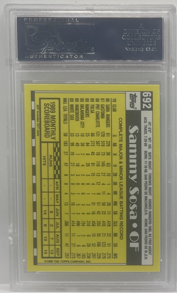 1990 Topps Tiffany Sammy Sosa Rookie RC #692 White Sox PSA 10 GEM MINT GRADED view 2