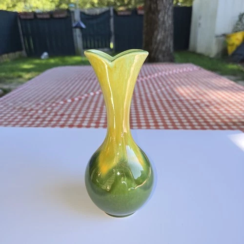 VTG Haeger Pottery MCM Yellow Over Green High Gloss Vase 8.5"