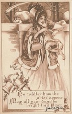 1912 New Year Postcard Kathryn Elliot Art Woman Baby Father Time Bells Holly