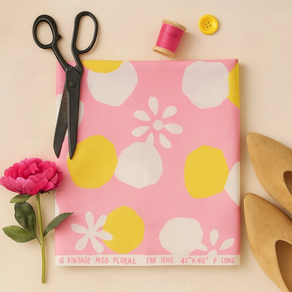 Klopman Mills Fabric 1970s Mod Floral Pink Yellow Cotton 45in x 1.27 Yards VTG - Image 2 of 4