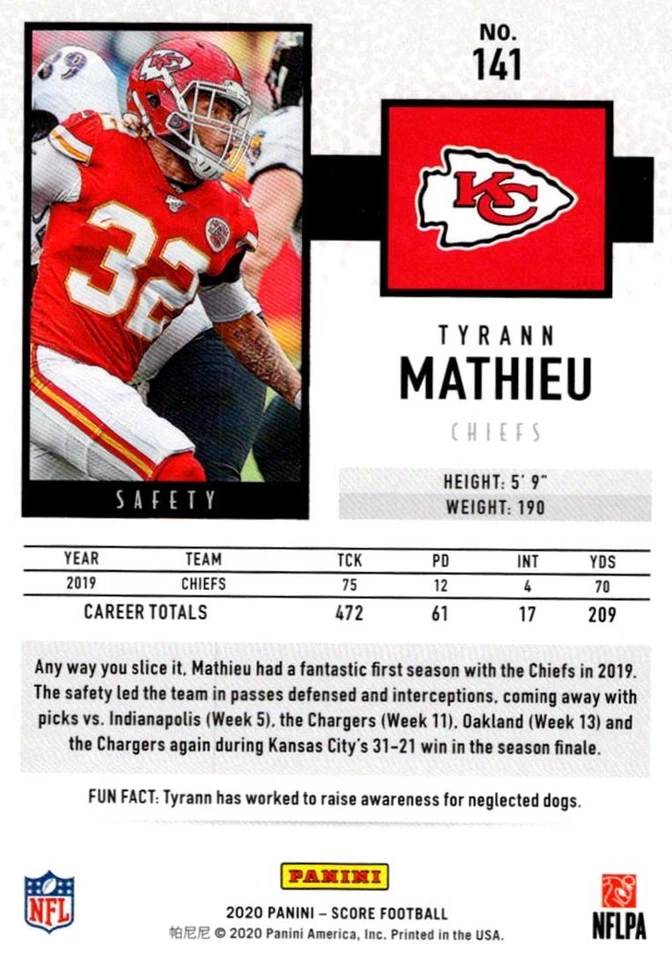 2020 Score Red Tyrann Mathieu Kansas City Chiefs #141 - Image 2 of 2