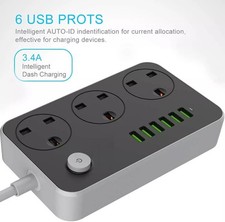Extension Lead with 6 USB Cable Electric Plug Socket UK Mains Power 3 Gang Way