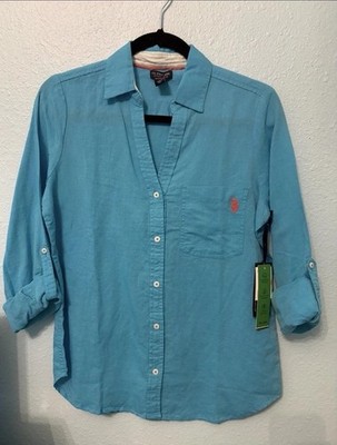 U.S. Polo Assn. Women's Sky Blue Eco Button-Up Shirt Roll Tab Sleeve Size S