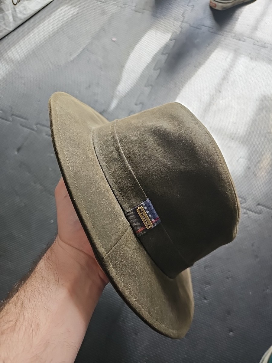 Barbour Olive Wool Fedora with Tartan Band BARBOUR BUCKET WOOL TARTAN BRIMMED OLIVE HAT SIZE M | eBay main image 4