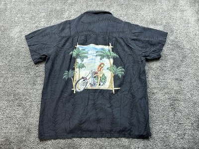 Paradise Found Shirt Mens Medium Gray Hawaiian Motorcycle Pinup Rayon Hawaii