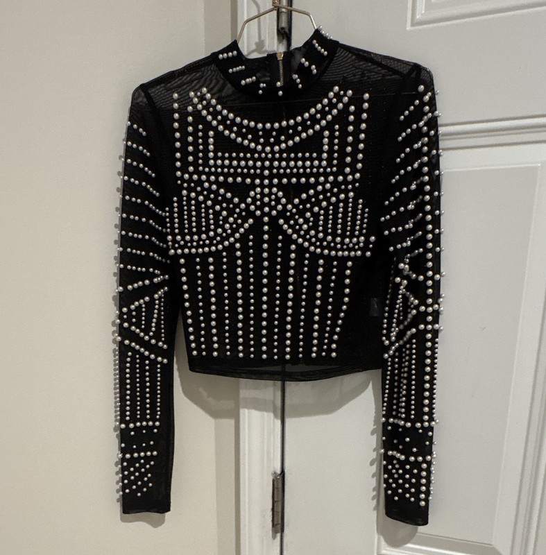 Women's Juniors S Black Mesh Sheer Cropped Mock Neck Top Pearls Back Zip RARE