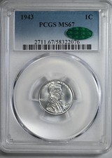 1943 Steel Lincoln Wheat Cent 1C PCGS MS67 CAC