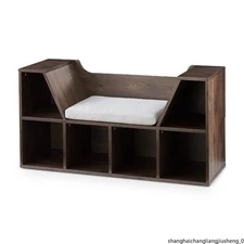 Kids Reading Bench with Storage Bookcase, Dark Chestnut